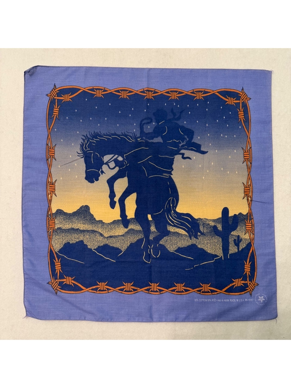 Vintage Hav-A-Hank Bandana Handkerchief Blue Orange 21x21 Bucking Bronco Cowboy